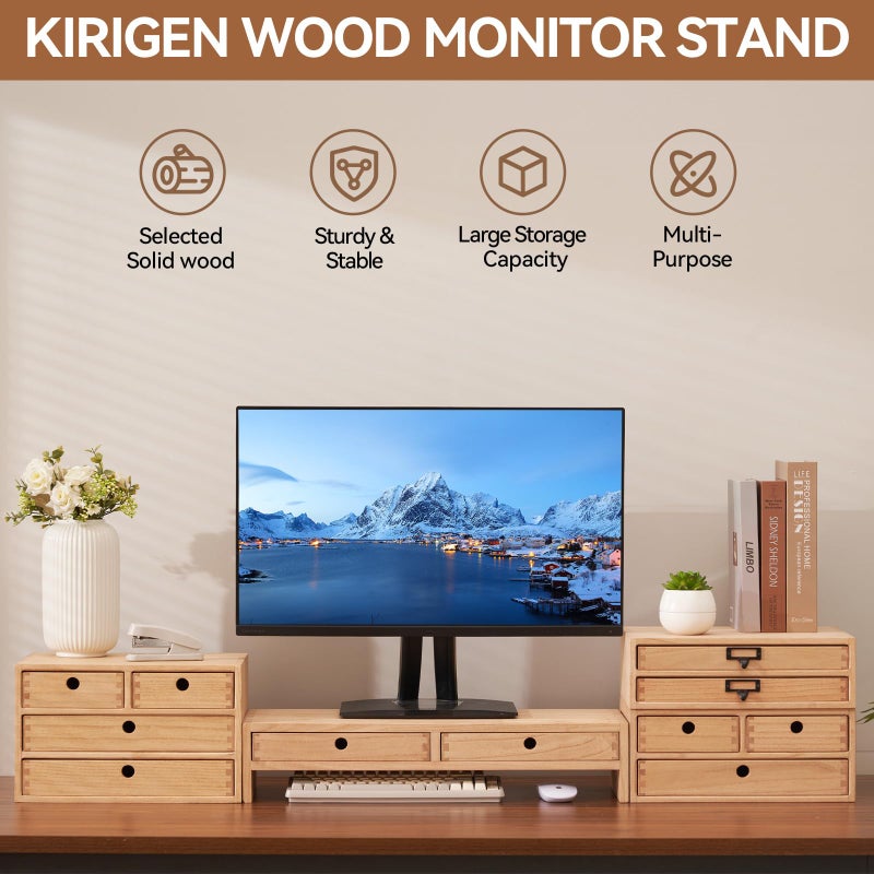 KIRIGEN Wood Monitor Stand with 2 Drawers - Computer Arm Riser Desk Storage Organizer,Speaker TV Laptop Printer Stand with Pen Slot and Cable Management,2-Tier Desktop Shelf NA-2PMJ - Image 5